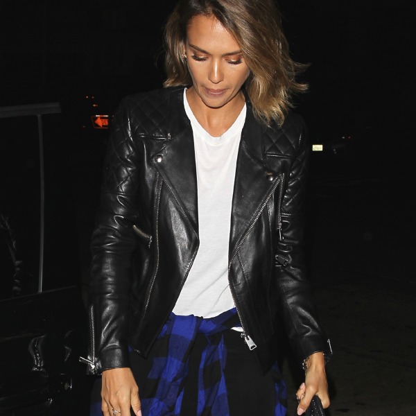 jessica alba, leather jacket