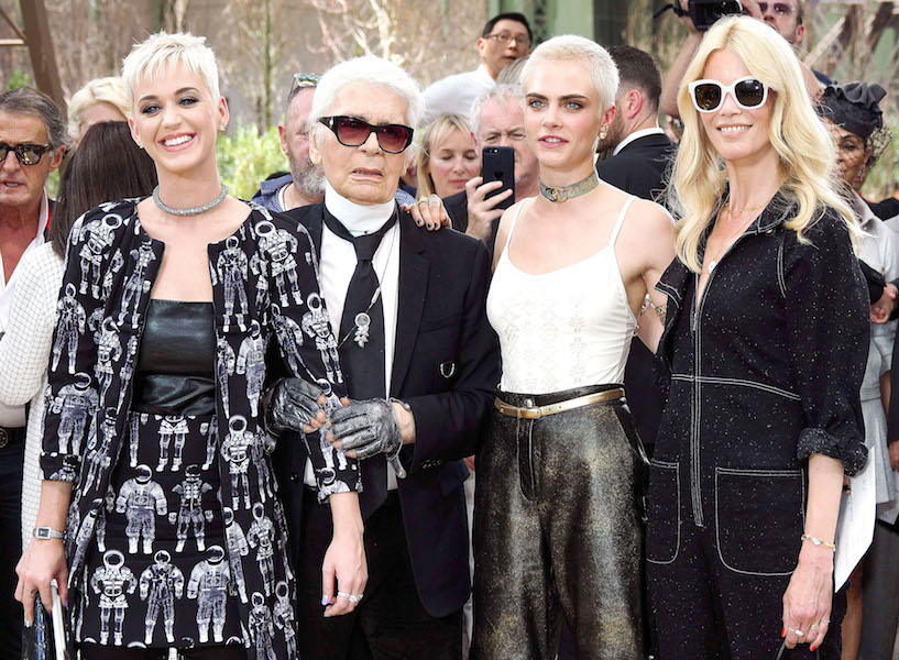 NO JUST JARED USAGE Arrivals at the Chanel Haute Couture Fashion Show in Paris, France. Pictured: Katy Perry, Karl Lagerfeld, Cara Delevigne, Claudia Schiffer Ref: SPL1533969 060717 Picture by: Splash News Splash News and Pictures Los Angeles: 310-821-2666 New York: 212-619-2666 London: 870-934-2666 photodesk@splashnews.com