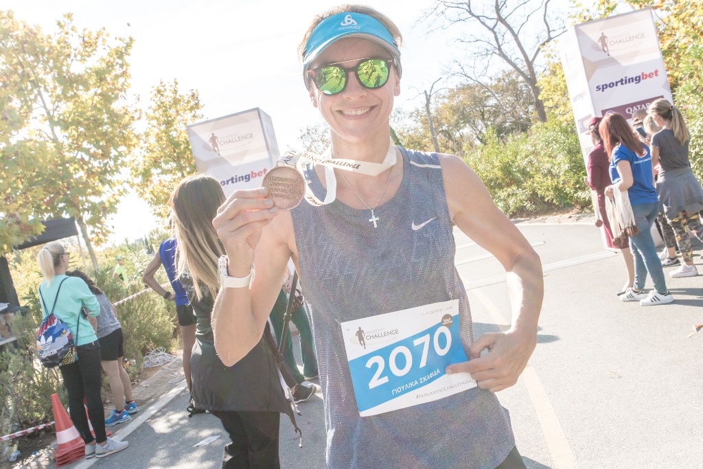 Η Γιούλικα Σκαφιδά στον τερματισμό της διαδρομής τρεξίματος του Navarino Challenge(photo by Mike Tsolis)  