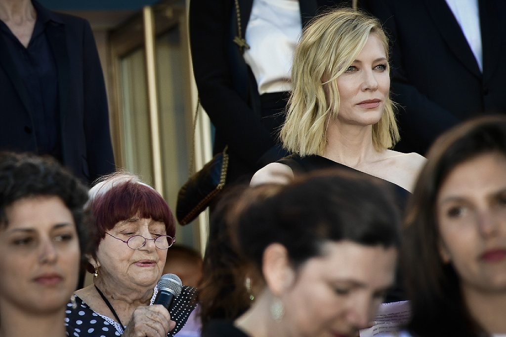 Haifaa al-Mansour, Kirsten Stewart, Lea Seydoux, Khadja Nin, Ava DuVernay, Cate Blanchett and Agnes Varda walk the red carpet in protest of the lack of female filmmakers honored throughout the history of the festival at the screening of 'Girls Of The Sun, Κάννες