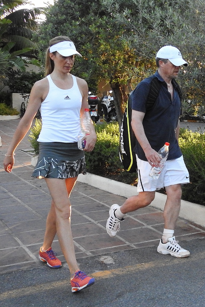 Hugh Grant and Girlfriend enjoy a friendly match of tennis in while on Holiday in Marbella, Spain. Pictured: Hugh Grant Anna Eberstein Ref: SPL1292586 010616 Picture by: LOTE/Splash News Splash News and Pictures Los Angeles:310-821-2666 New York:212-619-2666 London:870-934-2666 photodesk@splashnews.com
