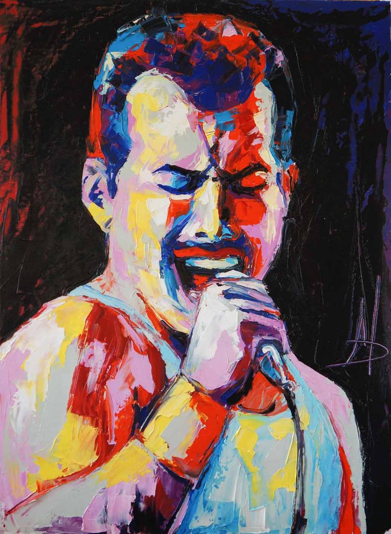 Portrait of singing Freddie Mercury. Oil portrait painting in multicolored tones. Conceptual closeup of an oil painting and palette knife on canvas.