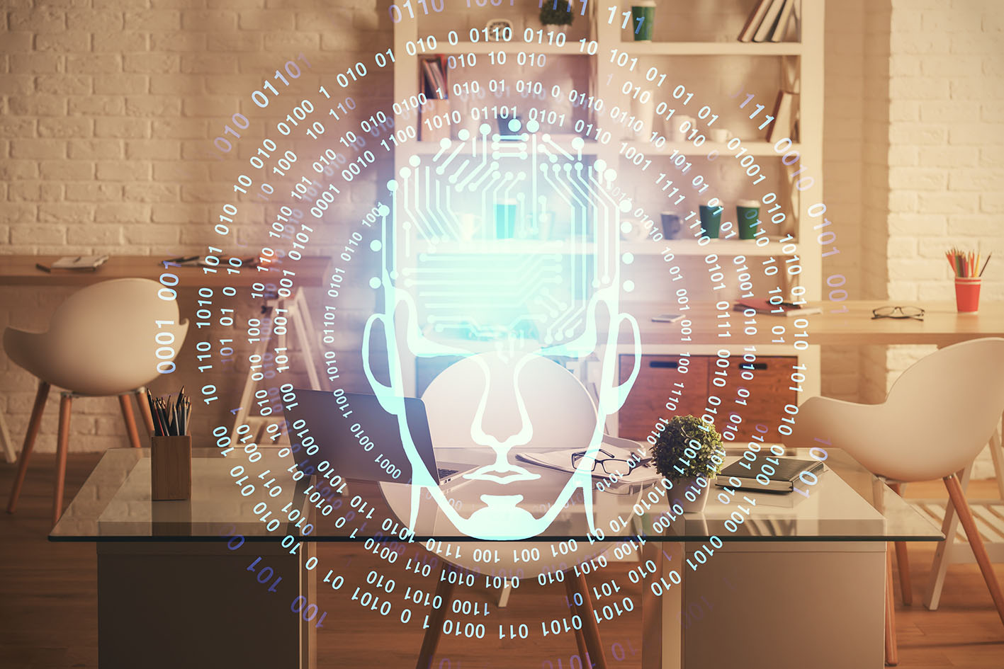 Διπλή έκθεση σχεδίου εγκεφάλου και εσωτερικού φόντου γραφείου. Έννοια της τεχνολογίας δεδομένων.