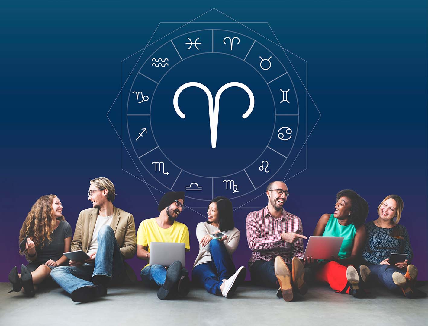 Ζωδιακές προβλέψεις. Το ζώδιο Κριός απεικόνιση σκίτσο με μία ομάδα νέων ανθρώπων να κάθονται στο πάτωμα