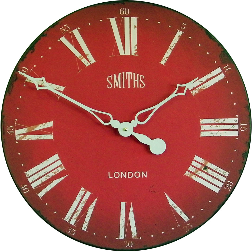 Κόκκινο ρολόι τοίχου, σε στιλ αντίκας, της εταιρείας Smiths. 