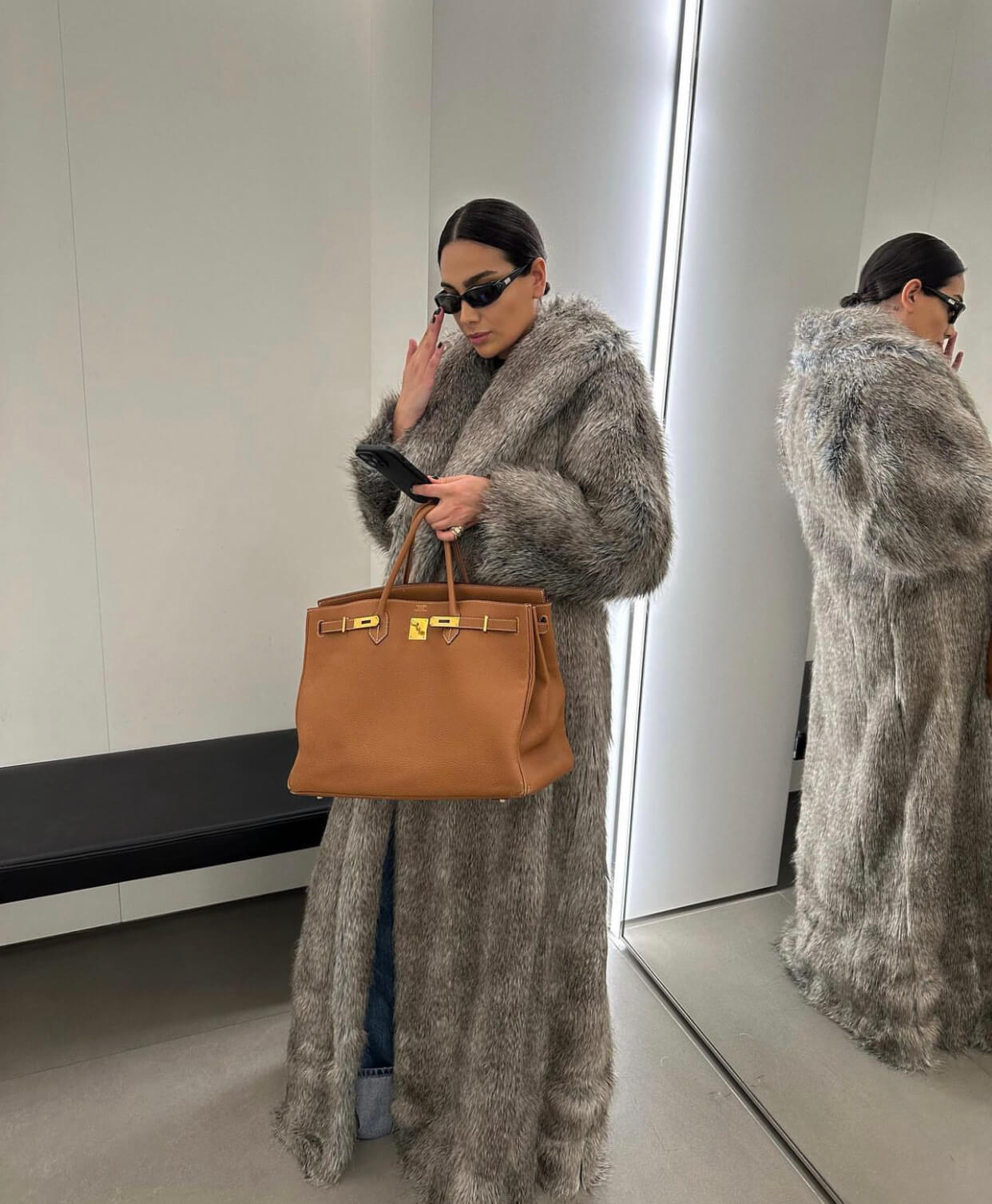 Γκρι γούνα με καφέ Birkin