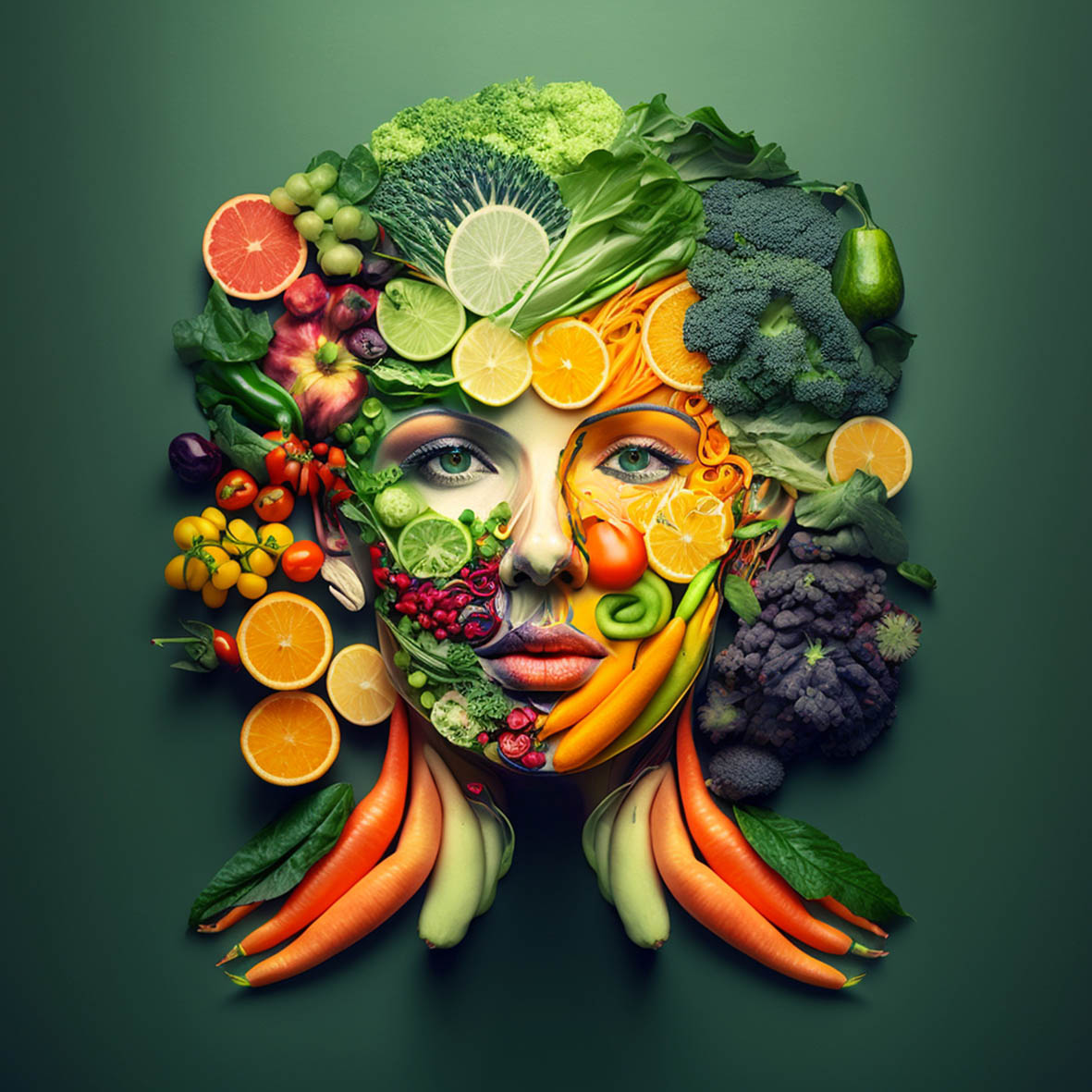 Γυναικείο πρόσωπο art με φρούτα και λαχανικά