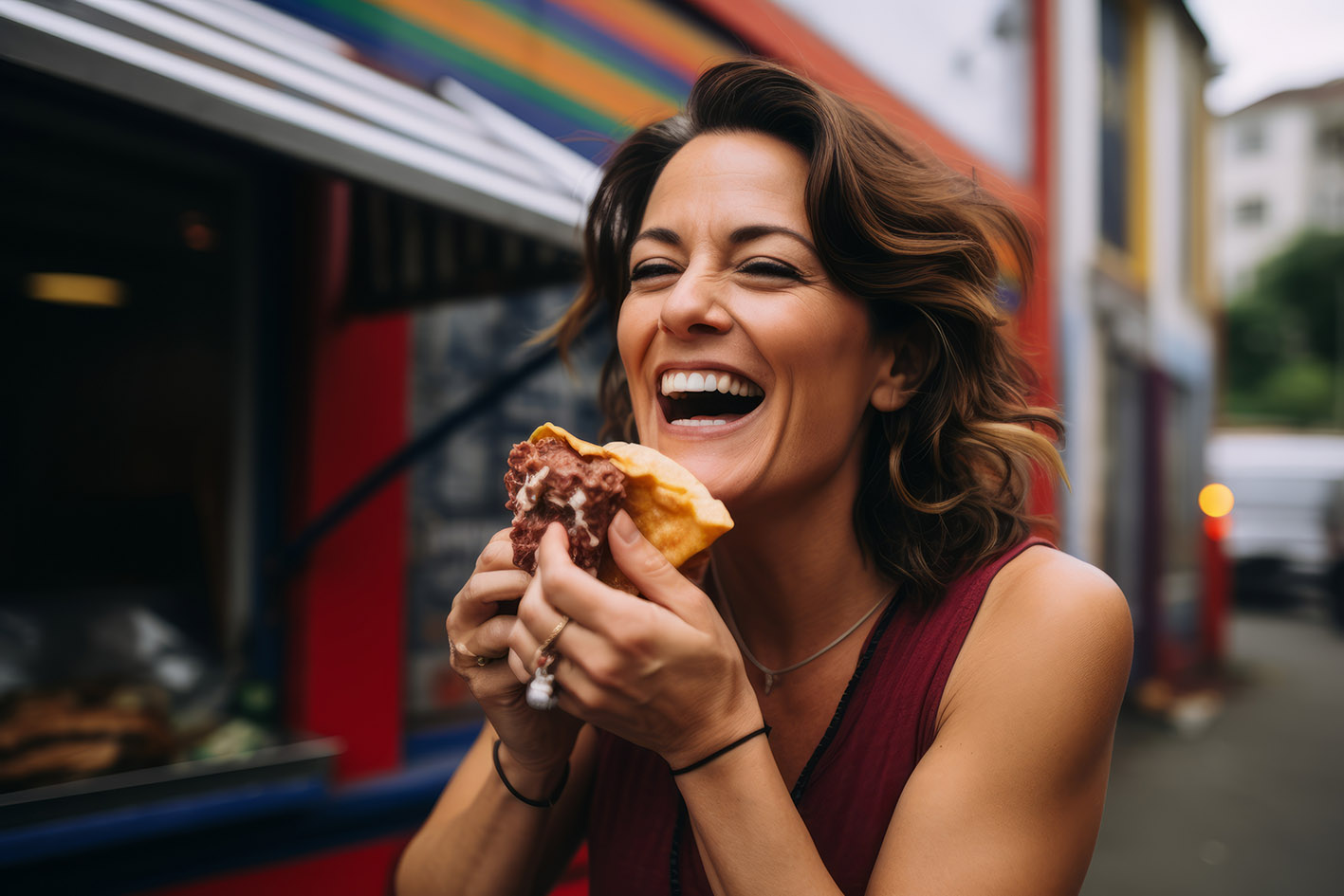 Γυναίκα χαρούμενη με φαγητό