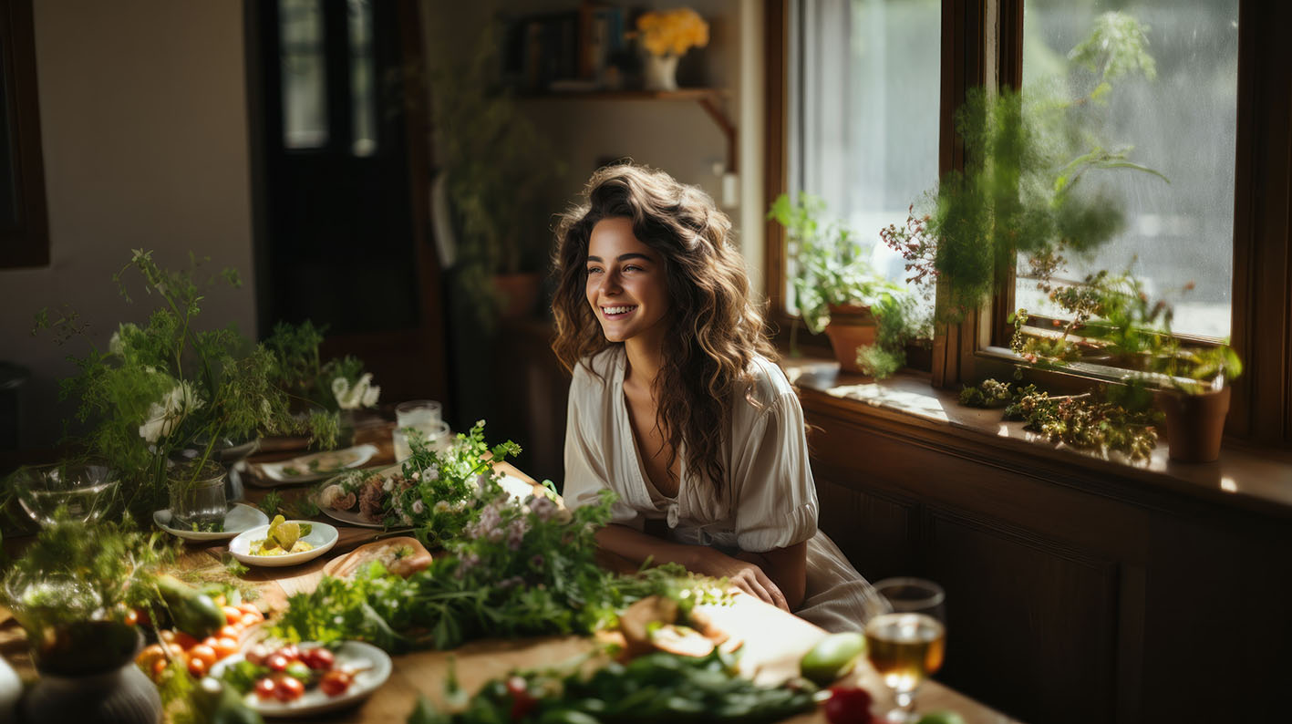 Γυναίκα χαρούμενη με φαγητό