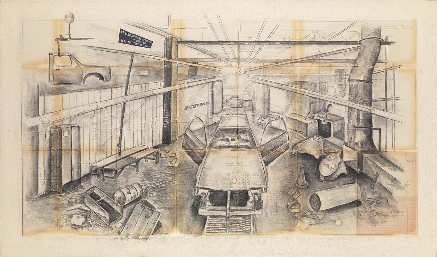 Έργο της εικαστικού Ντένης Θεοχαράκη-2019-κάρβουνο-κολάζ-σε-παλιό-σχέδιο-συναρμολόγησης-εφαρμοσμένο-σε-καμβά-90-x-154-εκ.