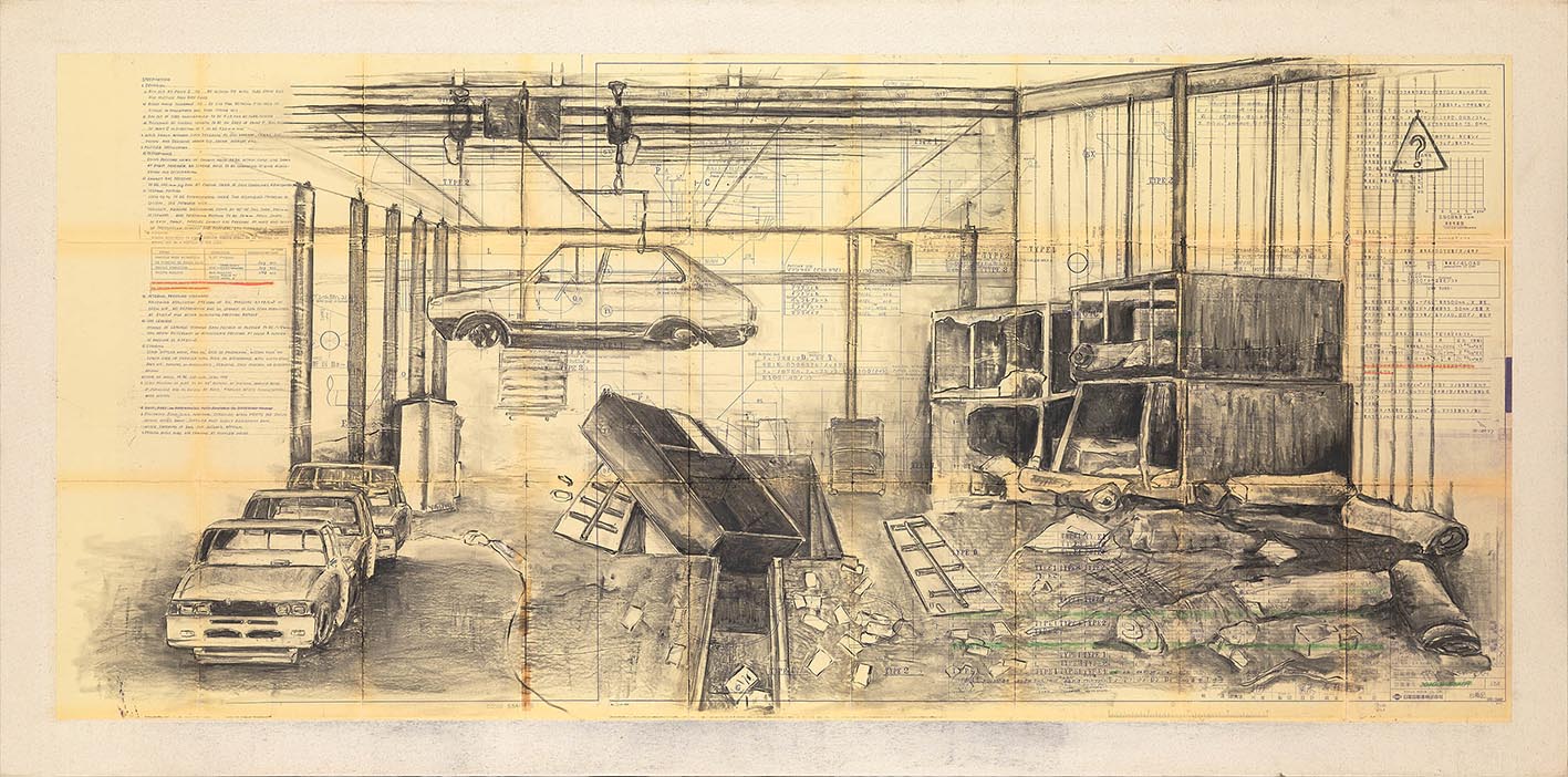 Έργο της εικαστικού Ντένης Θεοχαράκη--2019-κάρβουνο-σε-παλιό-σχέδιο-συναρμολόγησης-εφαρμοσμένο-σε-καμβά-98-x-200-εκ.