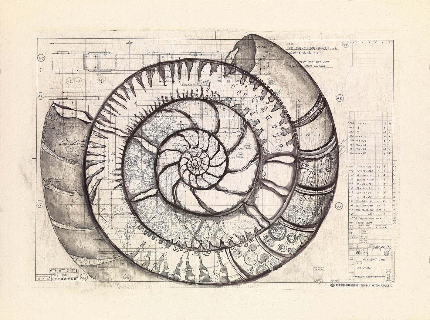 Έργο της εικαστικού Ντένης Θεοχαράκη-2020-μελάνι-σε-παλιό-σχέδιο-συναρμολόγησης-εφαρμοσμένο-σε-καμβά-74-x-100-εκ.