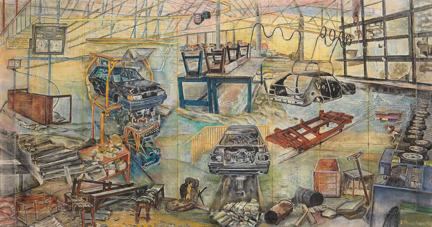 Έργο της εικαστικού Ντένης Θεοχαράκη-2024-κάρβουνο-χρωματιστό-κάρβουνο-μελάνι-παστέλ-99-x-189-εκ