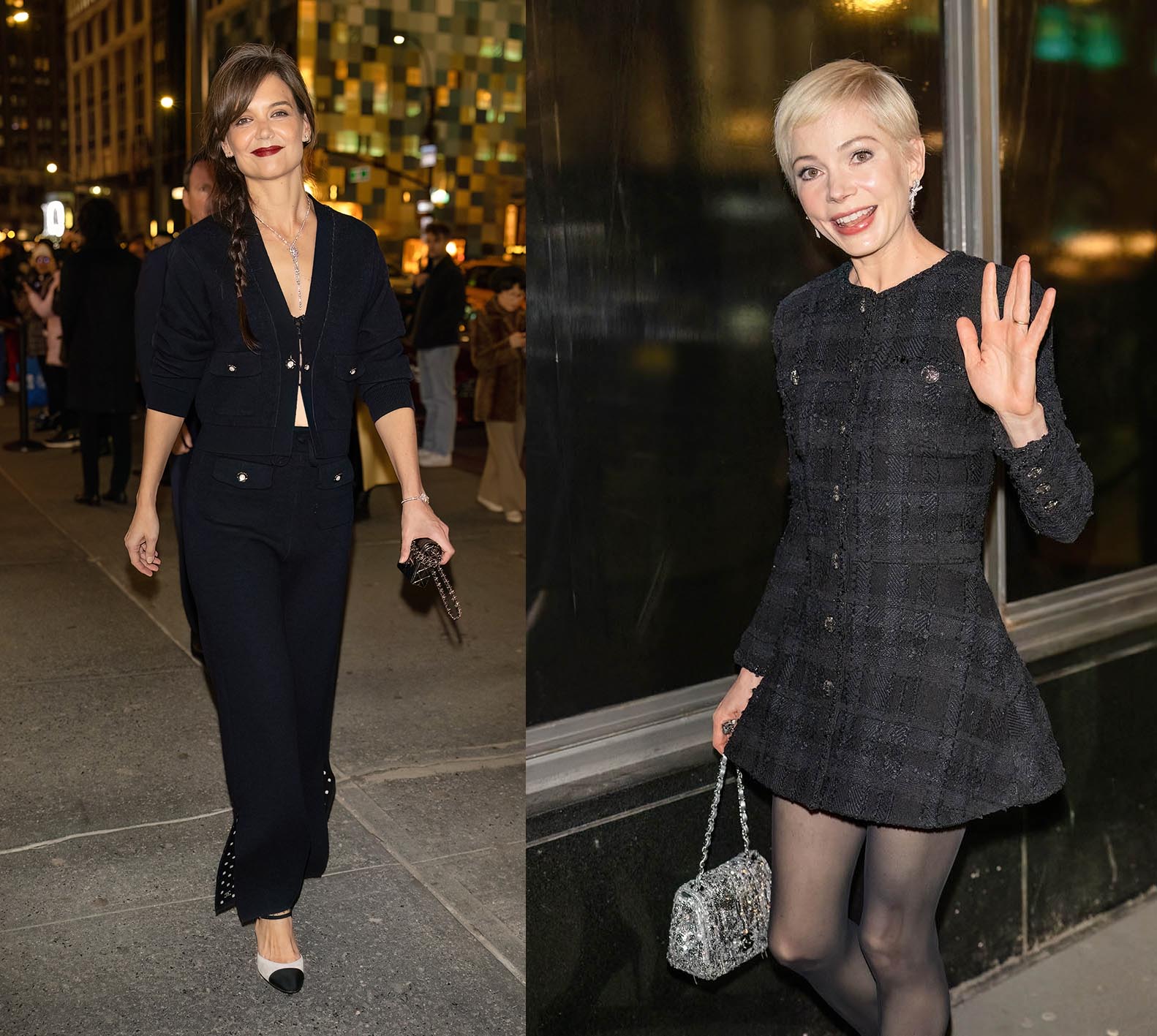 H Katie Holmes και η Michelle Williams φθάνοντας στο δείπνο που οργάνωσε η Chanel για να γιορτάσει τα εγκαίνια του νέας μπουτίκ στην 5η Λεωφόρο της Νέας Υόρκης στις 7 Φεβρουαρίου 2024.
