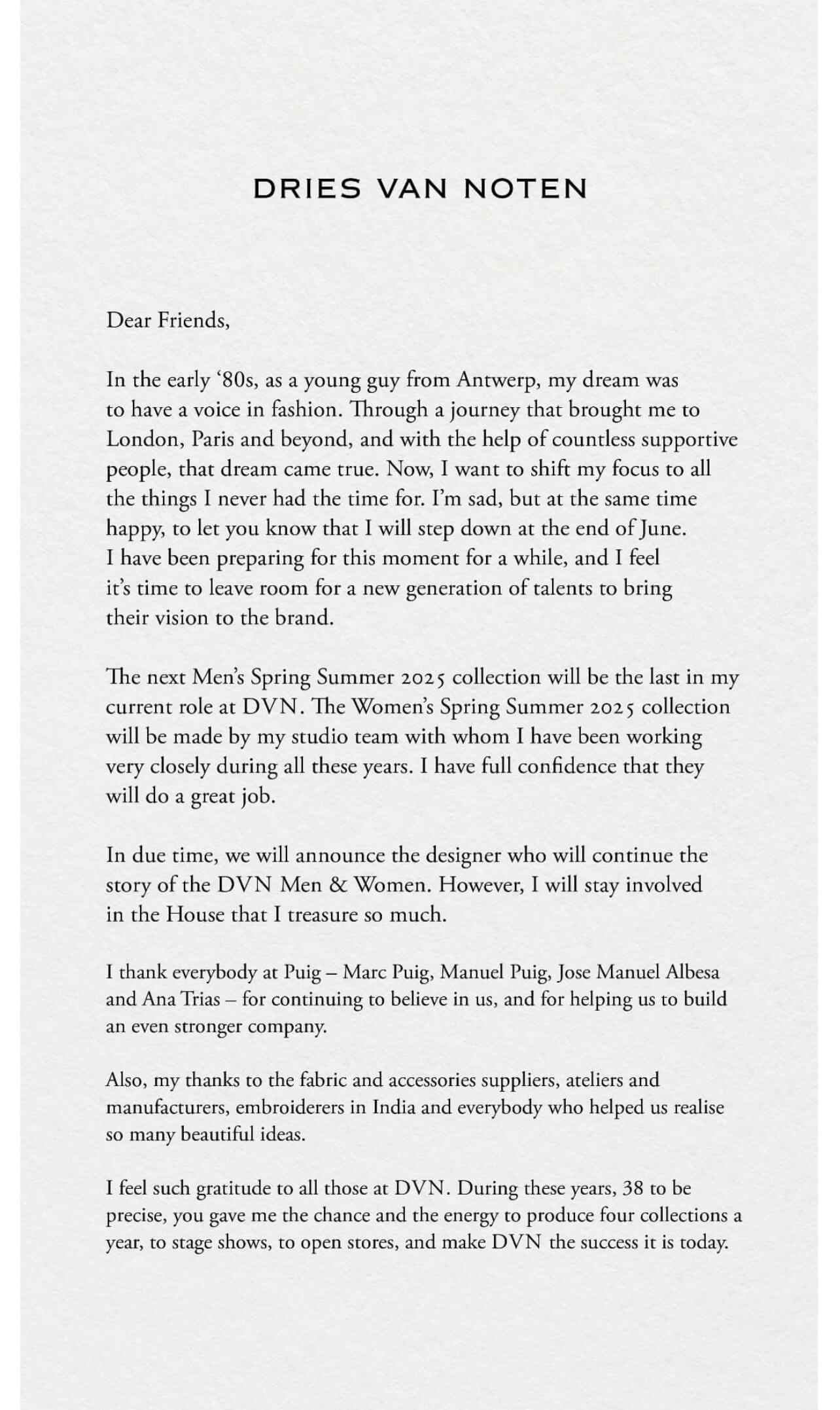 Ανακοίνωση του σχεδιαστή Dries Van Noten