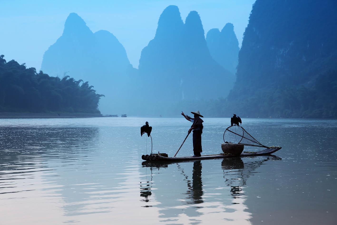 Ψαράς με κορμοράνους γύρω από τη βάρκα του στο Yangshuo στην περιοχή Guangxi.