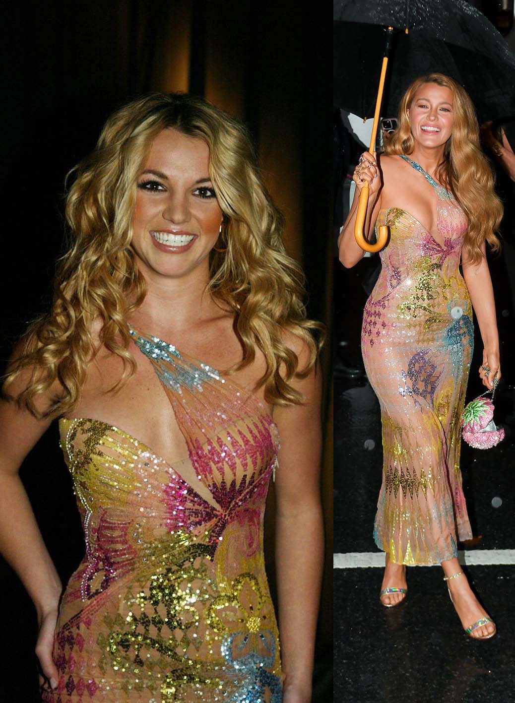 Η Britney Spears φορώντας το φόρεμα Versace της Συλλογής Άνοιξη 2003 αλλά και η Blake Lively με το ίδιο φόρεμα.