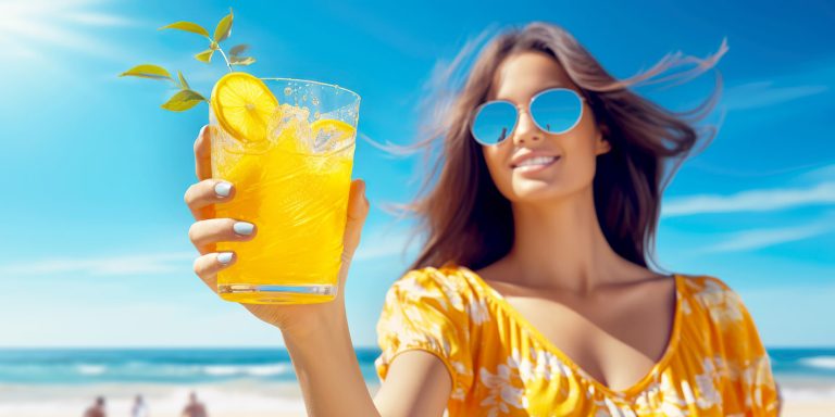 Γυναίκα με κοκτέιλ στο χέρι δίπλα στη θάλασσα