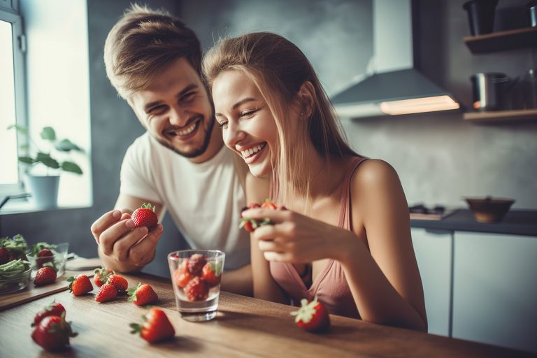 Ζευγάρι στην κουζίνα τρώει φράουλες χαρούμενο