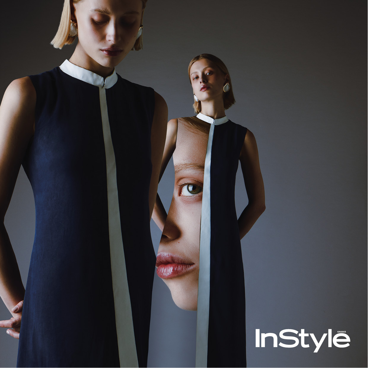 μοντέλο με μπλε φόρεμα