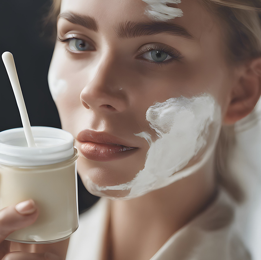 Γυναίκα τρώει γιαούρτι και έχει κρέμα στο πρόσωπο