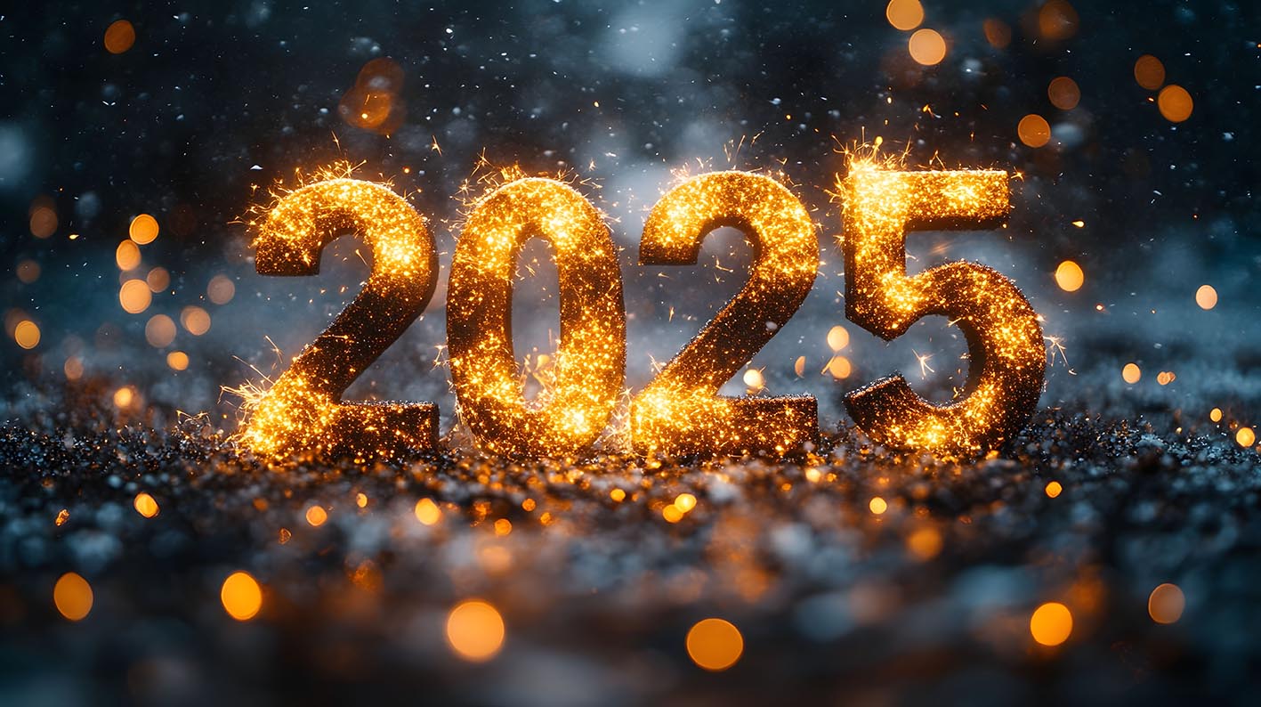 2025 Η νέα Χρονιά με αριθμούς που γυαλίζουν και πυροτεχνήματα. Εορταστική εικόνα. Κόνσεπτ για αστρολογικές προβλέψεις