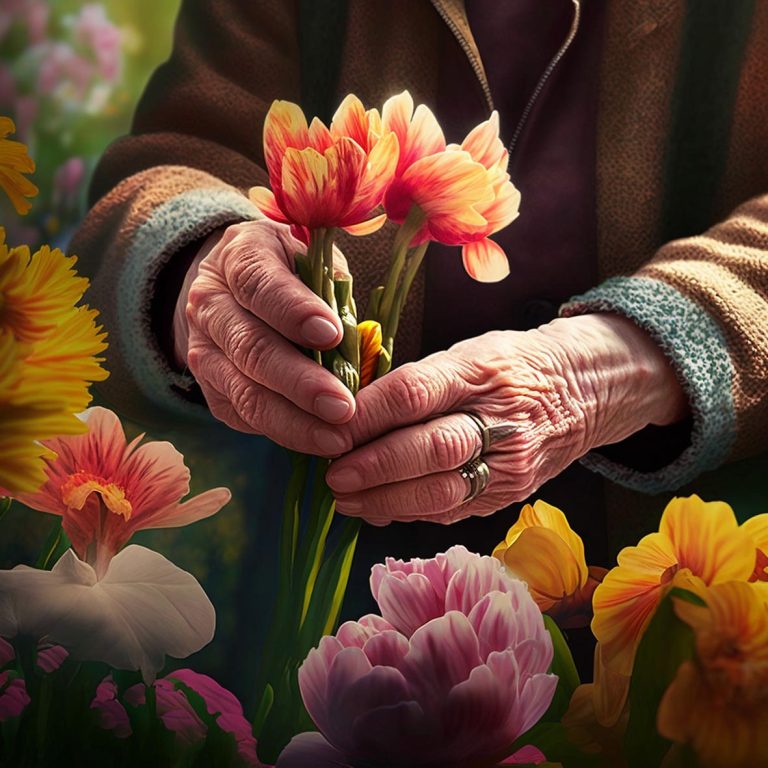 Χέρια πολύ ηλικιωμένης γυναίκας κρατάνε ένα μάτσο λουλούδια
