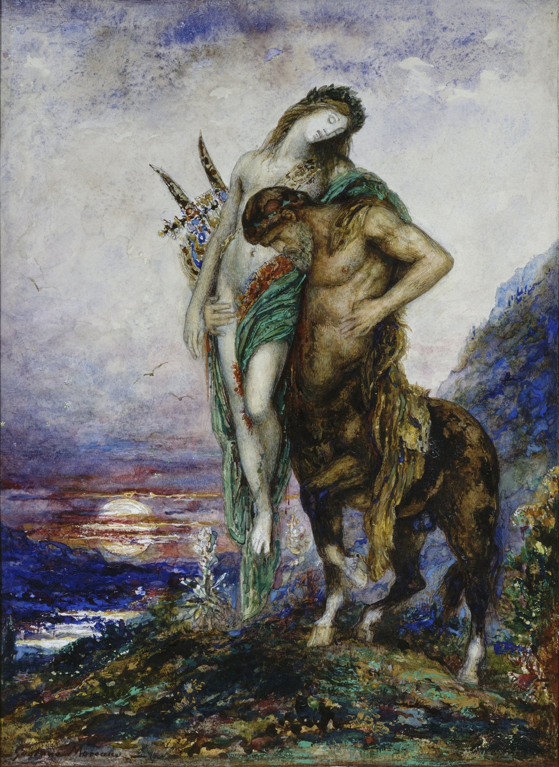 Έργο του Gustave Moreau. Νεκρός ποιητής μεταφερόμενος από έναν Κένταυρο, περ. 1890 σε Acuarela sobre papel, 33,5 × 24,5 εκ. Παρίσι, Musée national Gustave Moreau