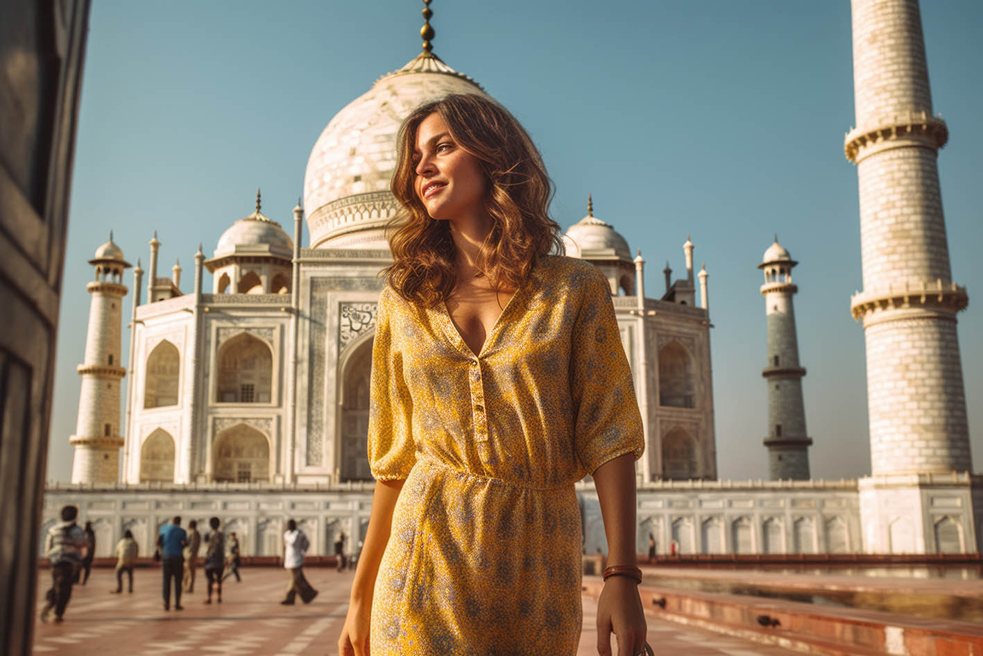 Γυναίκα τουρίστρια στο μνημείο Taj Mahal στην Άγρα, Ινδία.