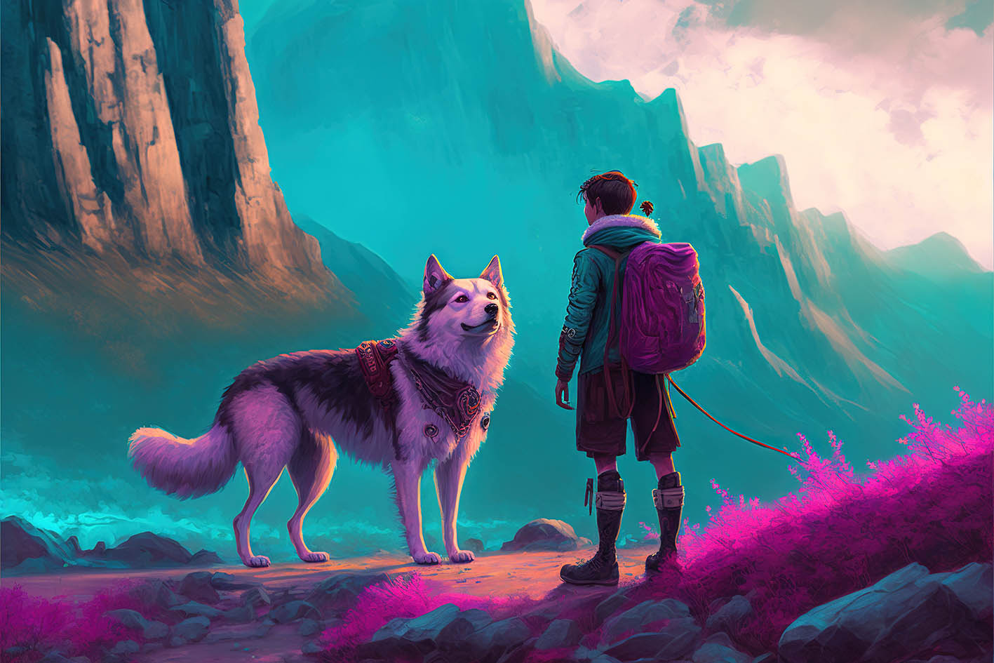 Σκύλος και παιδί σε φανταστικό τοπίο κόνσεπτ φαντασία ή ύπνου