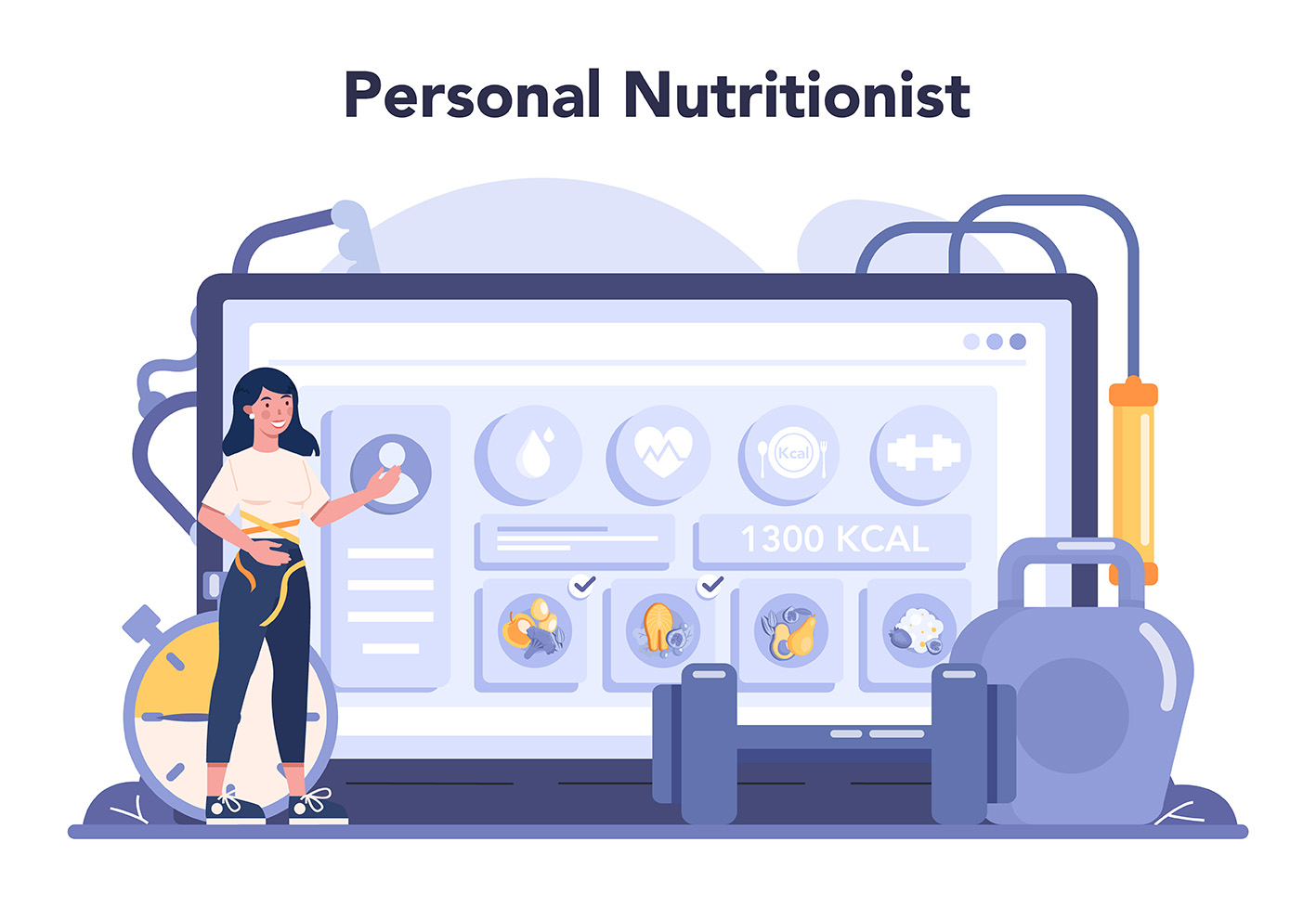 Σκίτσο που δείχνει μία διαιτολόγο μπροστά σε μια οθόνη που γράφει η προσωπική σας Διαιτολόγος ηλεκτρονικά. Κόνσεπτ για την προσωπική διατροφή