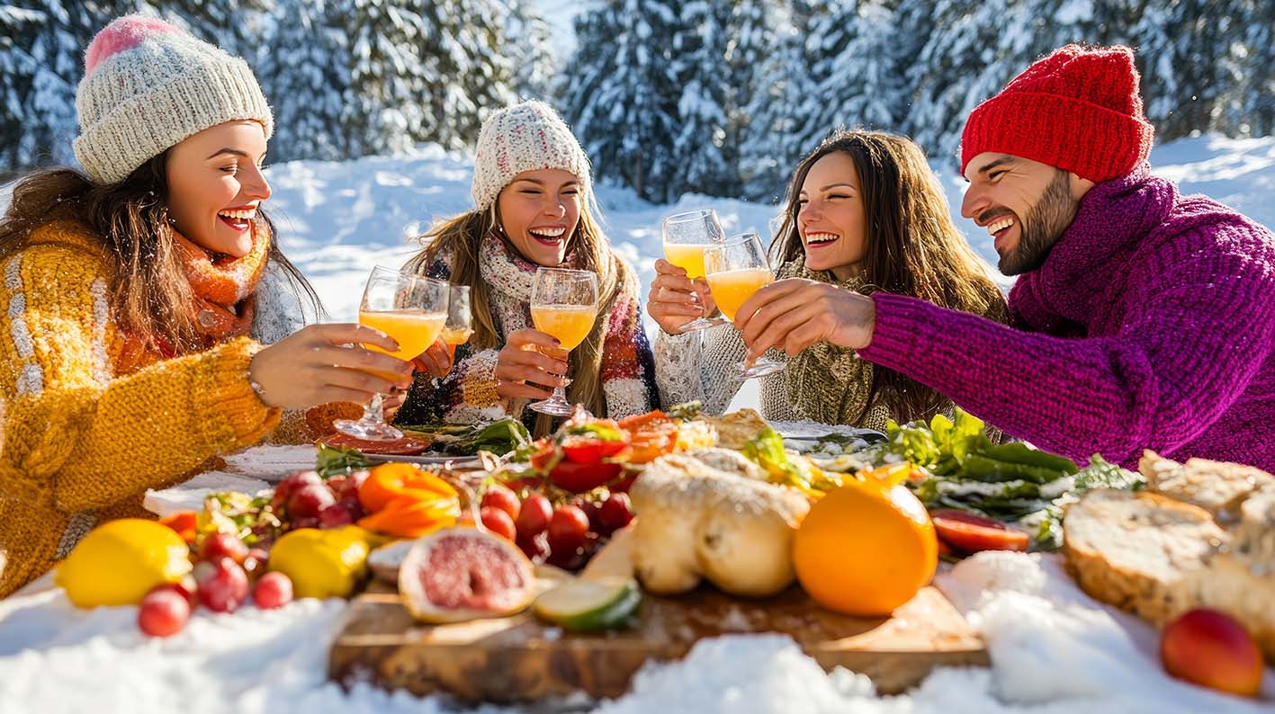 Παρέα νέων ανθρώπων απολαμβάνει σε βεράντα μέσα στα χιόνια το φαγητό τους. Ολοι με σκούφους χαμογελάνε χαρούμενοι