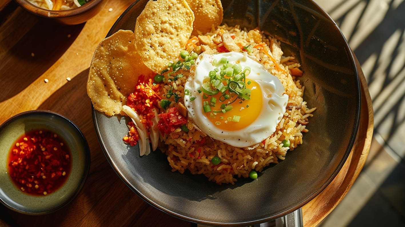 To ινδονησιακό τηγανητό ρύζι Nasi Goreng σερβιρισμένο με σάλτσα σόγιας.