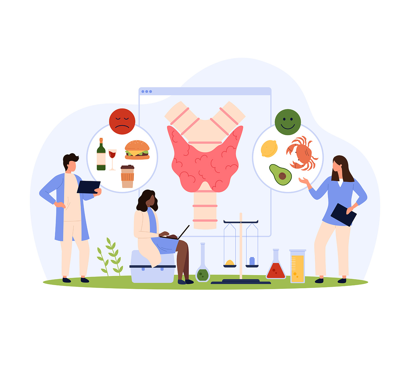 Σκίτσο με ανθρωπάκια γιατρούς και ασθενή και διατροφολόγο που δείχνουν πώς θα έχουμε καλή υγεία με σωστή διατροφή.