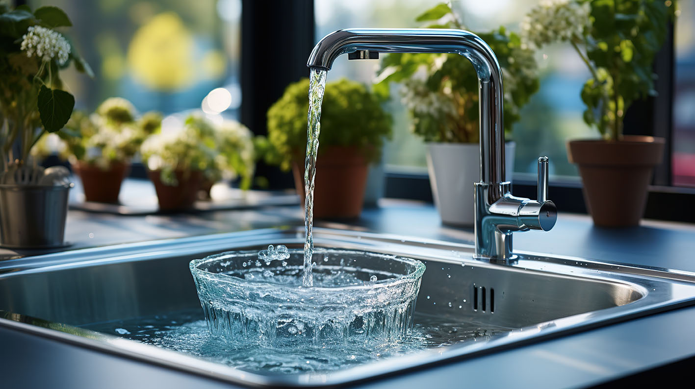 Νερό βρύσης τρέχει στον νεροχύτη της κουζίνας