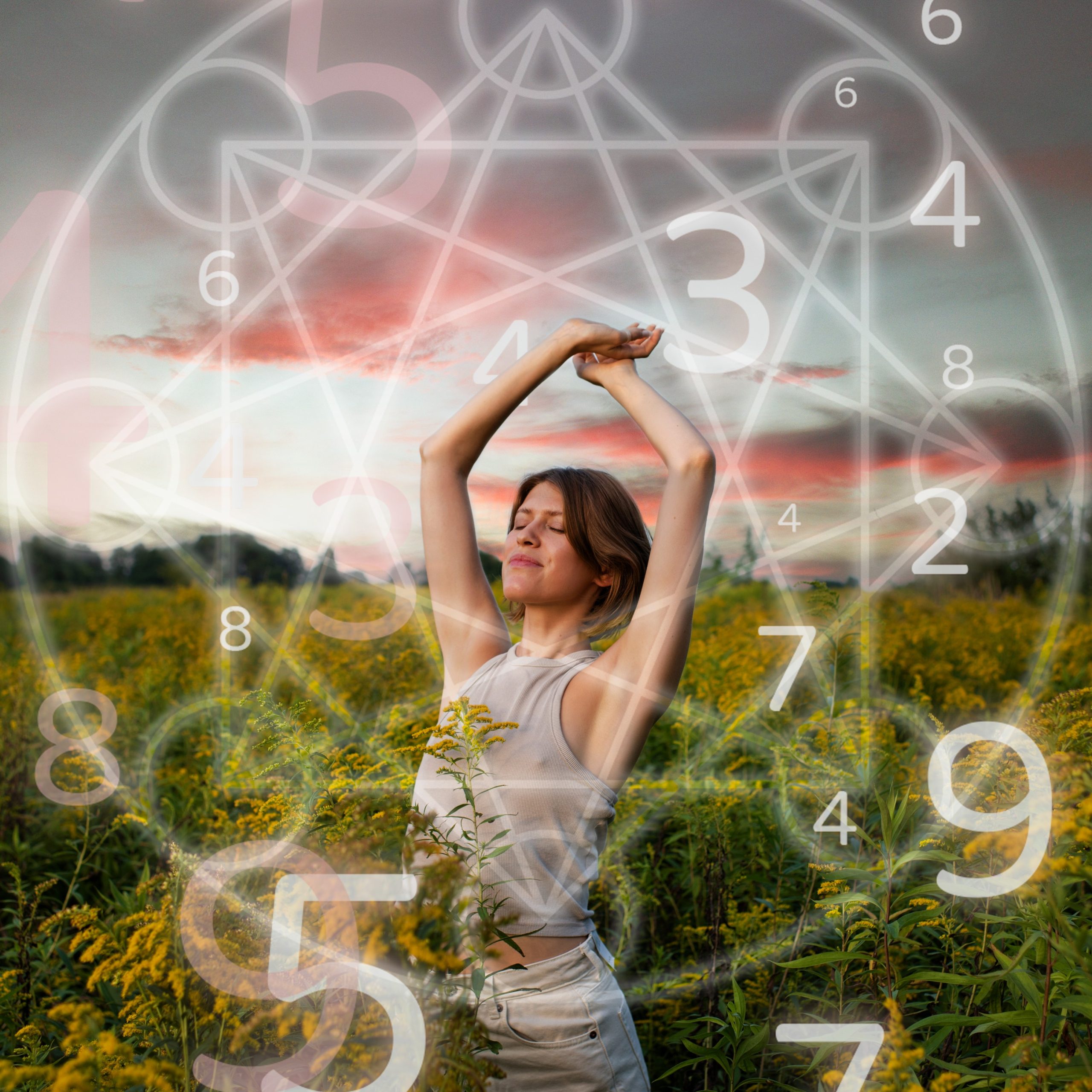 Γυναίκα με τεντωμένα χέρια και αριθμούς γύρω της