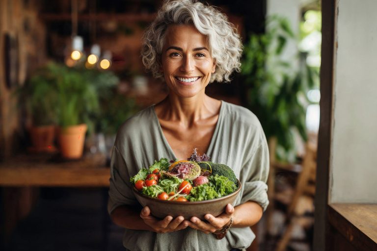 Ευτυχισμένη, χαμογελαστή, ώριμη γυναίκα που κρατά ένα μπολ με φρέσκια σαλάτα και τρώει υγιεινά στην κουζίνα