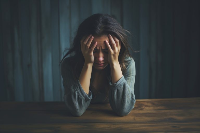 Γυναίκα κρατά το κεφάλι της λυπημένη