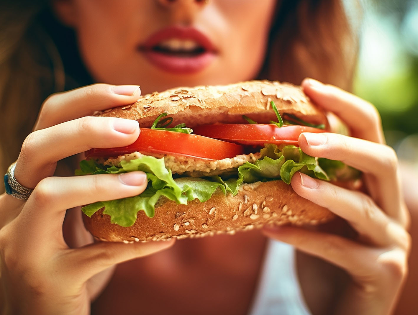 Γυναίκα κρατά σάντουιτσ και το πλησιάζει προς το στόμα της.