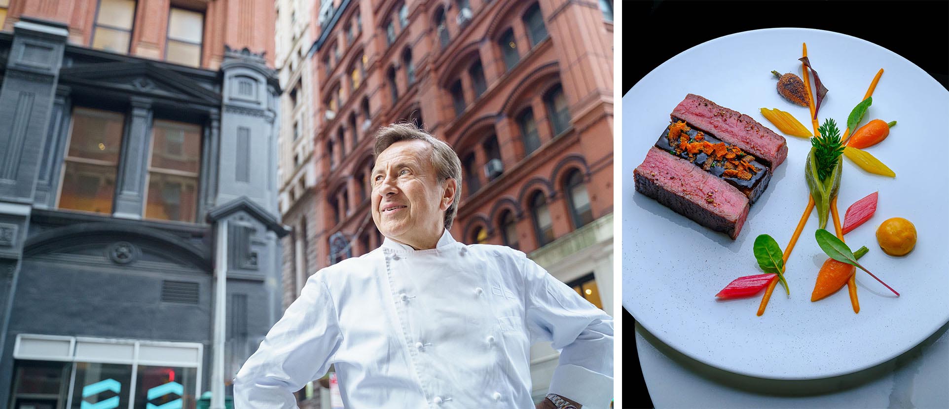 O chef Daniel Boulud έξω από το εστιατόριό του 22 στη Νέα Υόρκη με πιάτο του.