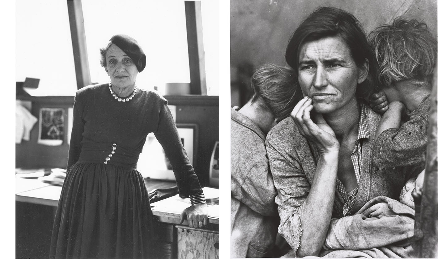 Πορτρέτο της Αμερικανίδας φωτογράφου Dorothea Lange (1895 - 1965), στα μέσα του 20 αιώνα. Η πιο διάσημη φωτογραφία της Dorothea Lange "Μητέρα Μετανάστρια". Mαζί δύο φωτογραφίες
