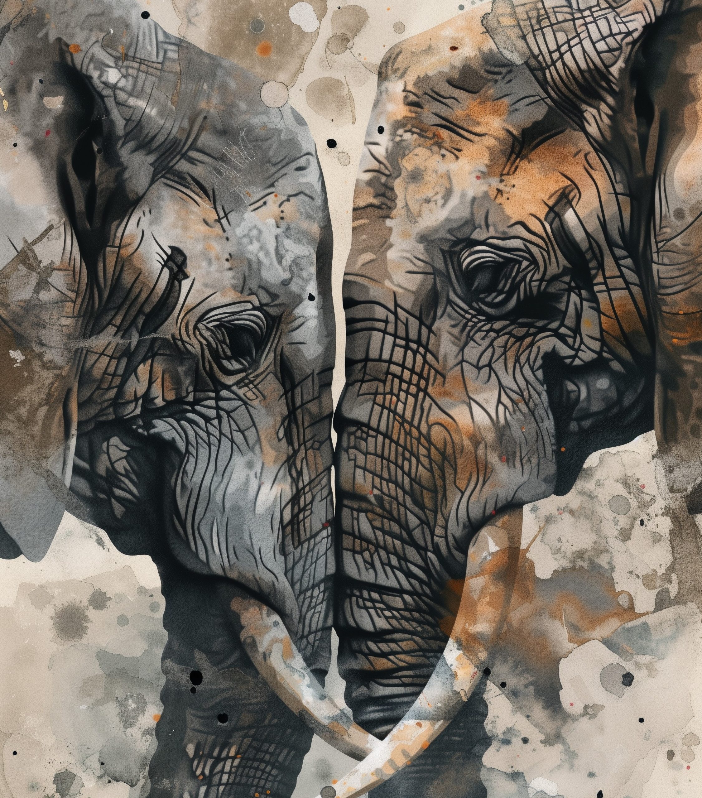 Ζωγραφική με τα κεφάλια δύο ελεφάντων να ακουμπά το ένα το άλλο