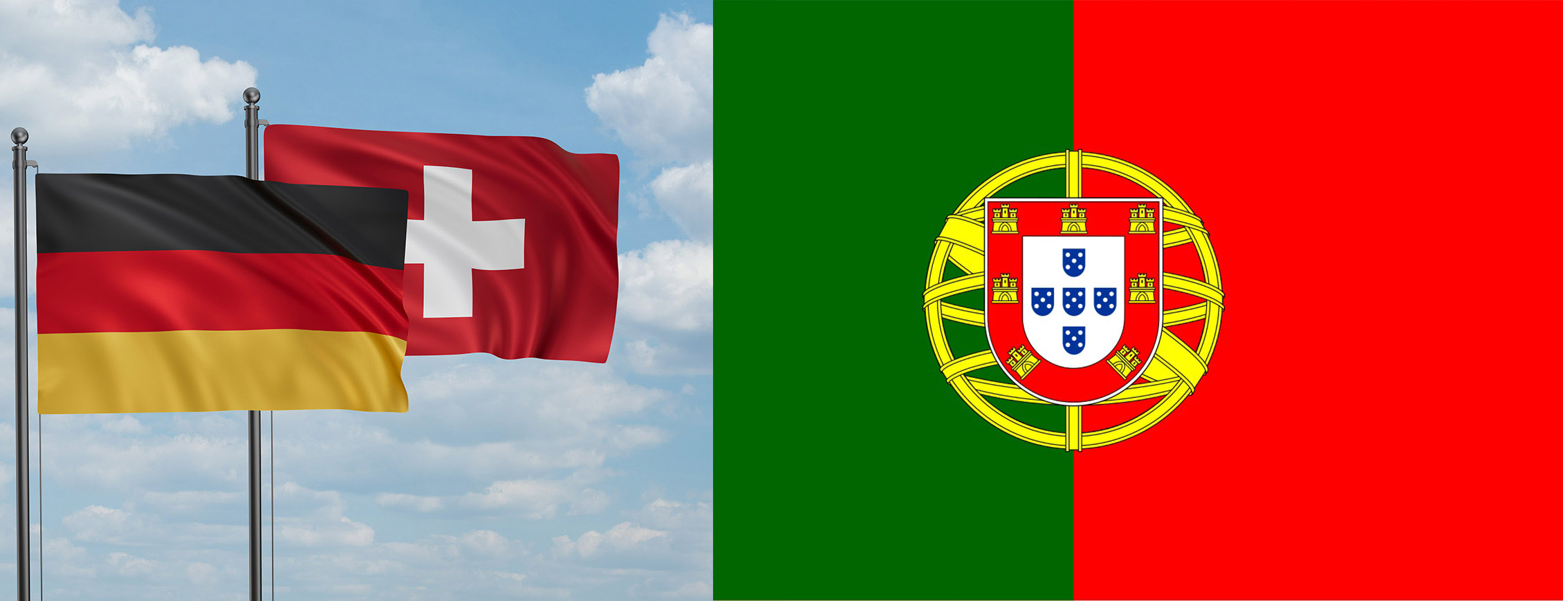Oι σημαίες της Ελβετίας πίσω και της Γερμανίας μπροστά. Στα δεξιά η σημαία της Πορτογαλίας. 