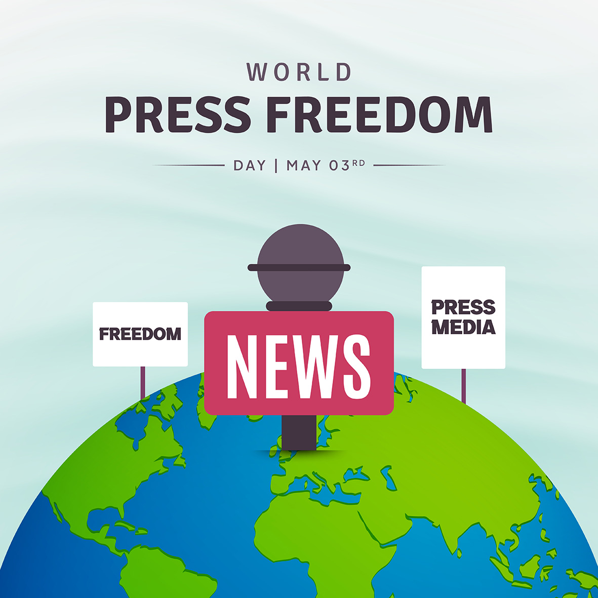Ημέρα ελευθερίας του Τύπου, 3 Μαΐου, εικονογράφηση με υδρόγειο σφαίρα και μικρόφωνο ειδήσεων