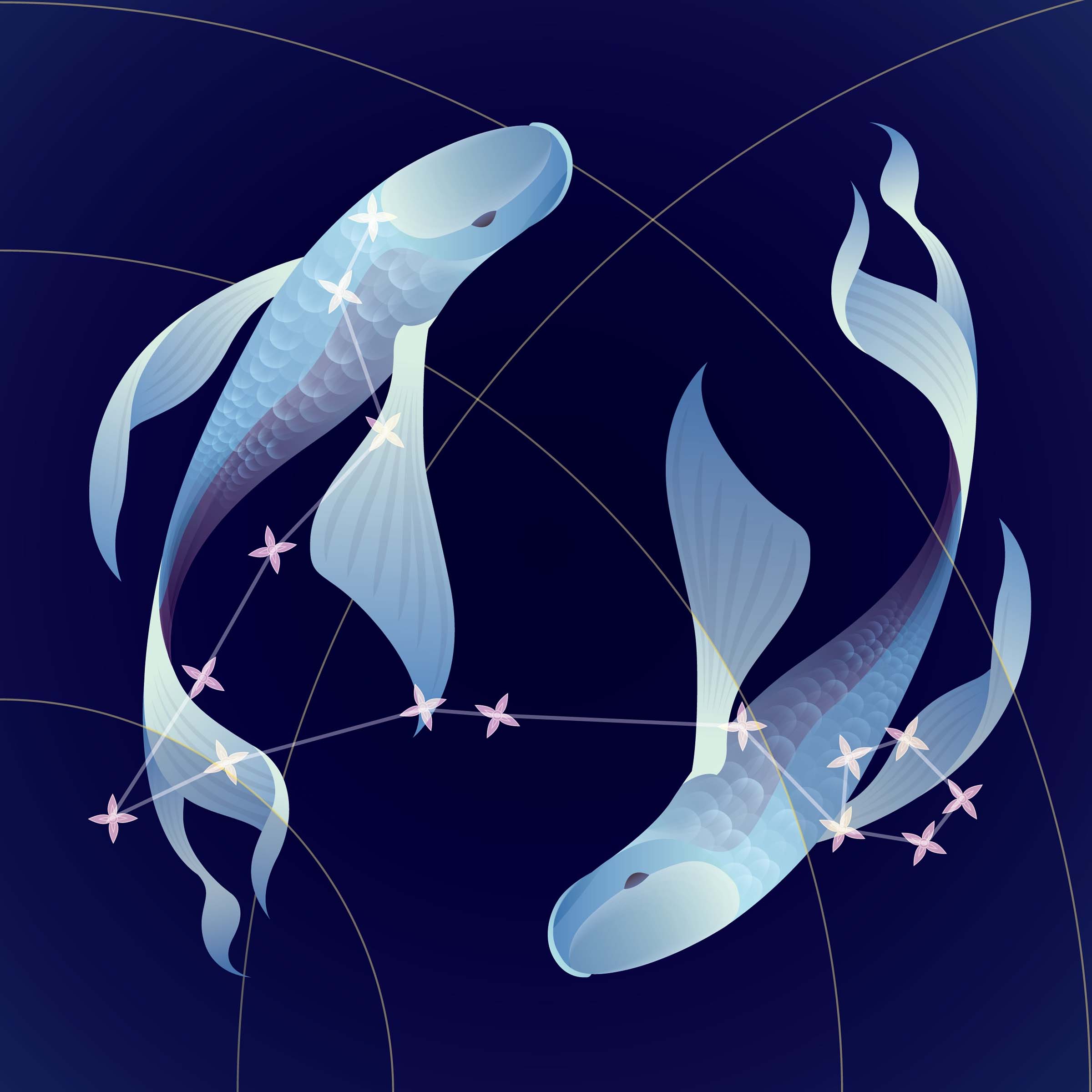 Αστρολογικές προβλέψεις για το ζώδιο των Ιχθύων σε σκίτσο σε μπλε χρώμα