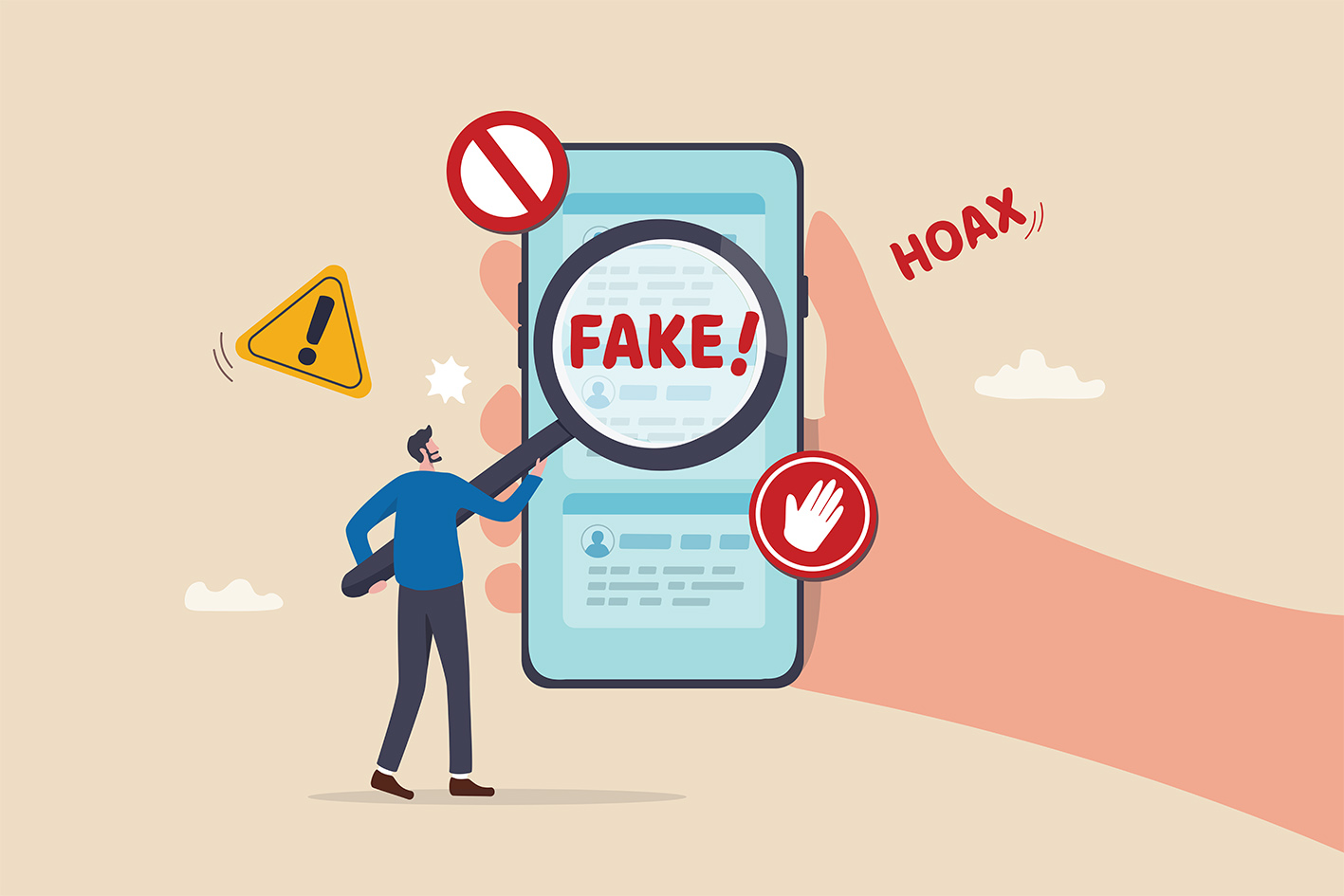 Σκίτσο που δείχνει ένα κινητό και έναν άνθρωπο και το κινητό γράφει στην οθόνη του FAKE