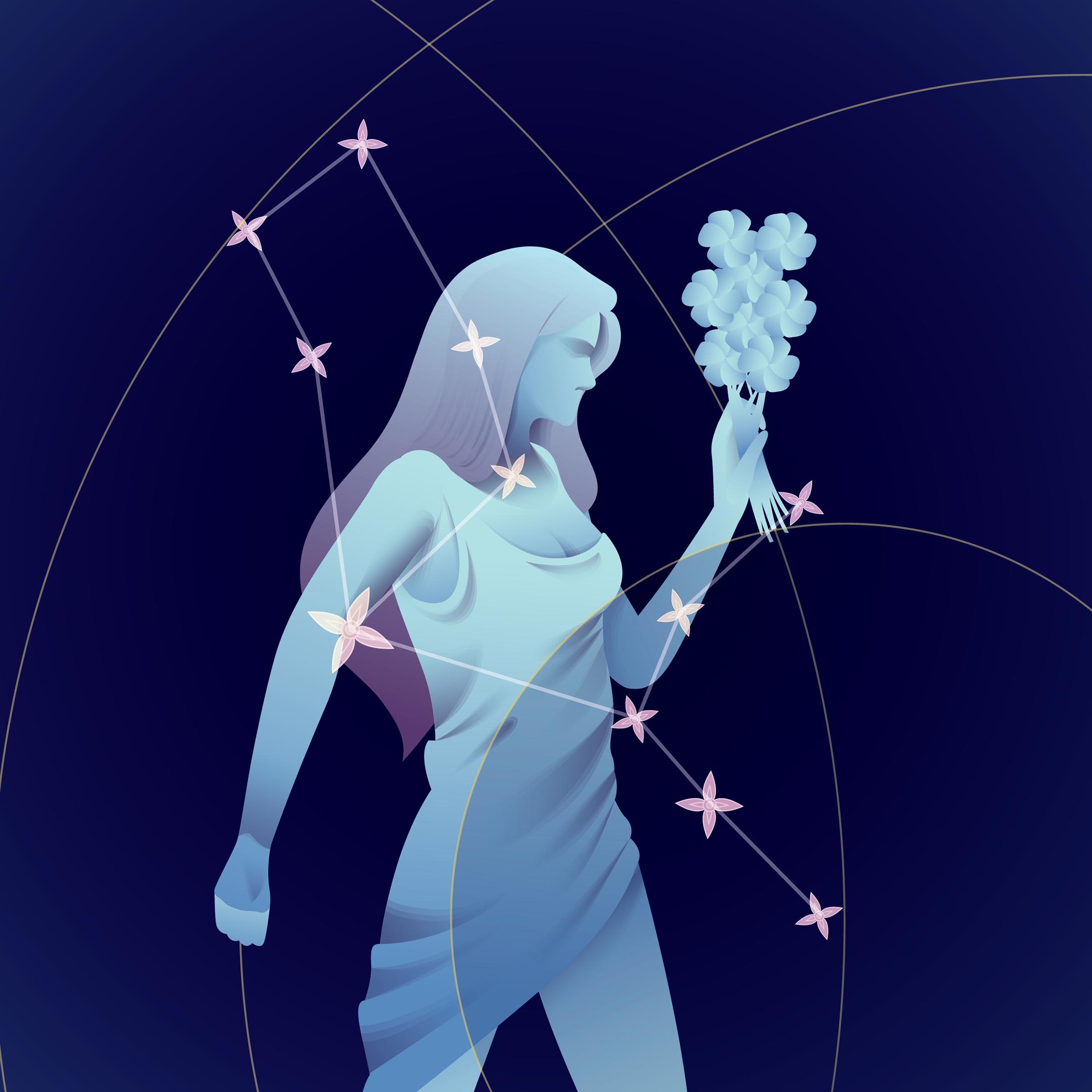 Αστρολογικές προβλέψεις για το ζώδιο της Παρθένου. Γυναίκα σε σκίτσο σε μπλε χρώμα