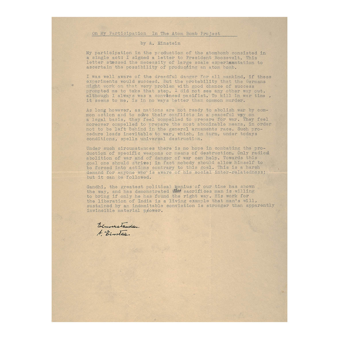 H πρωτότυπη δακτυλογραφημένη δήλωση του Αϊνστάιν για τη συμμετοχή του στο πρόγραμμα της ατομικής βόμβας.