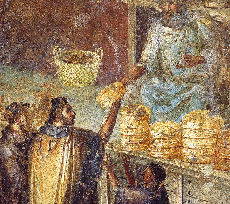 Aρχαία ρωμαϊκή τοιχογραφία που απεικονίζει πωλητή ψωμιού και αγοραστές.