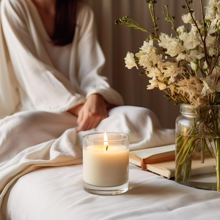 Γυναίκα απολαμβάνει τη συντροφιά ενός κεριού αρωματικού και λουλουδιών στο σπίτι της